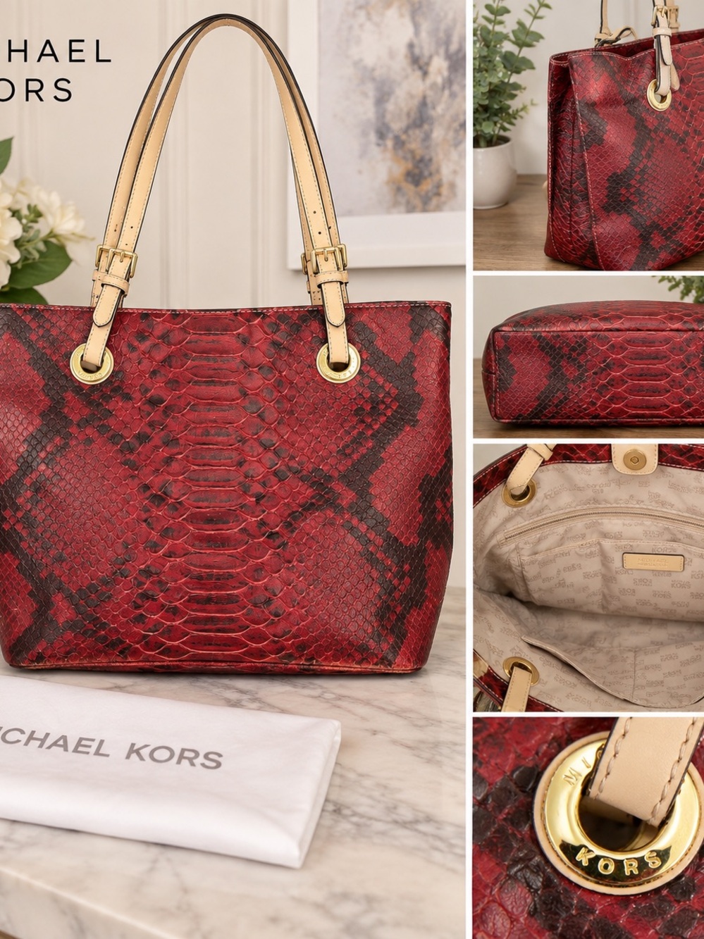 Michael Kors Red & Black Snakeskin Print Leather Tote Bag